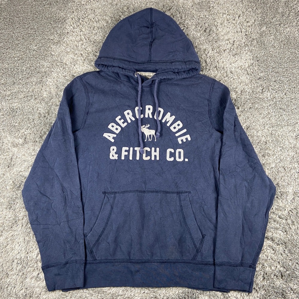 Vintage Abercrombie & Fitch Hoodie Men M Navy Blue Pullover Embroidered Logo Y2K